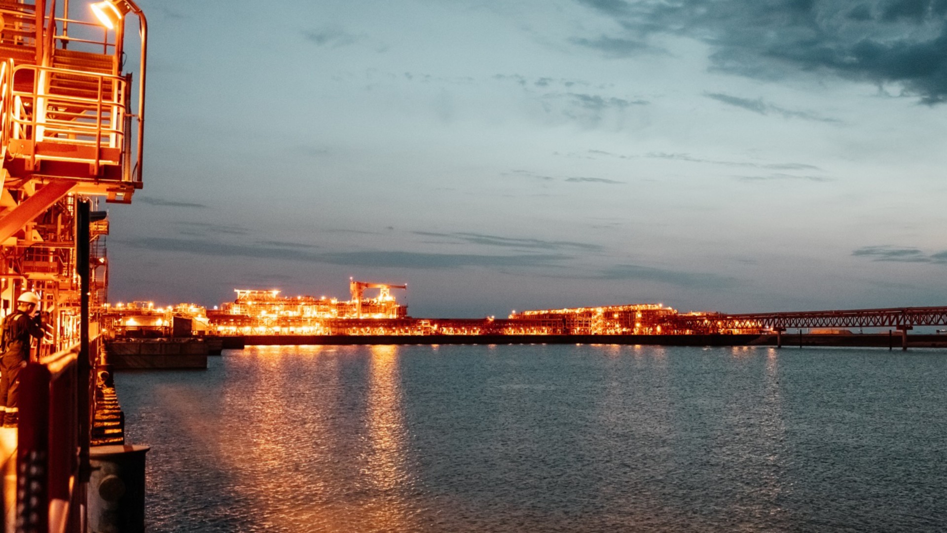 Energy terminal and marine logistics at dusk